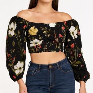 H&M Floral Off Shoulder Crop Top Black Puff Sleeve Blouse